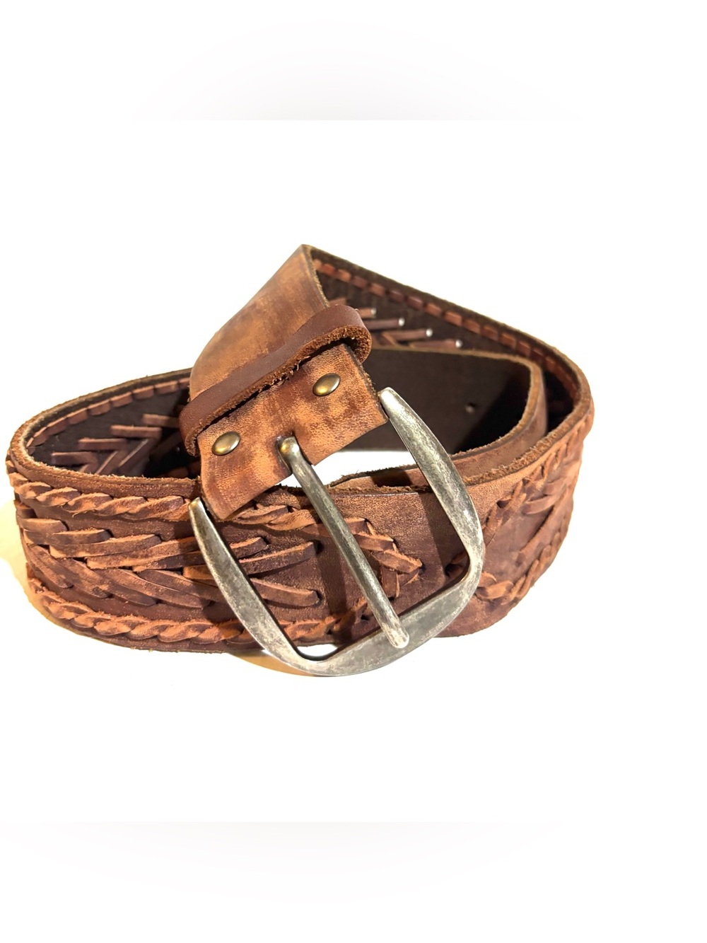 Unisex Brown Braided Leather Belt Size S